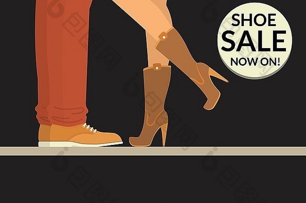 现在在黑色购物横幅上卖鞋子，人的腿穿着鞋子和靴子