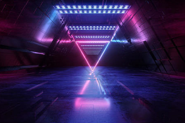 sci未来主义的技术示意图主板矩阵芯片反光门门户网站霓虹灯发光的三角形激光蓝色的紫色的充满活力的隧道走廊