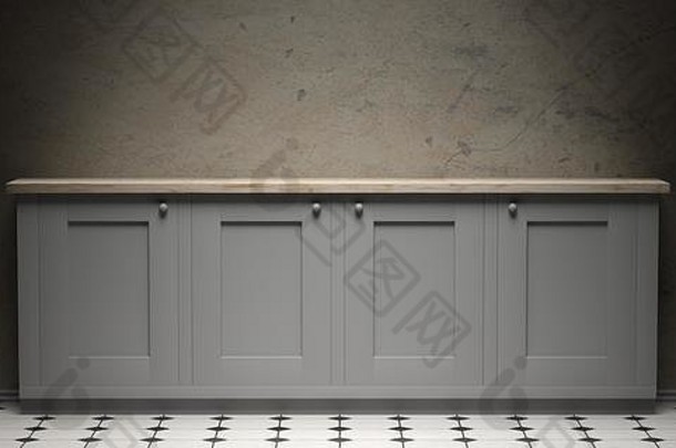 内阁白色黑色的陶瓷瓷砖地板上灰色水泥墙背景复制空间前面视图插图