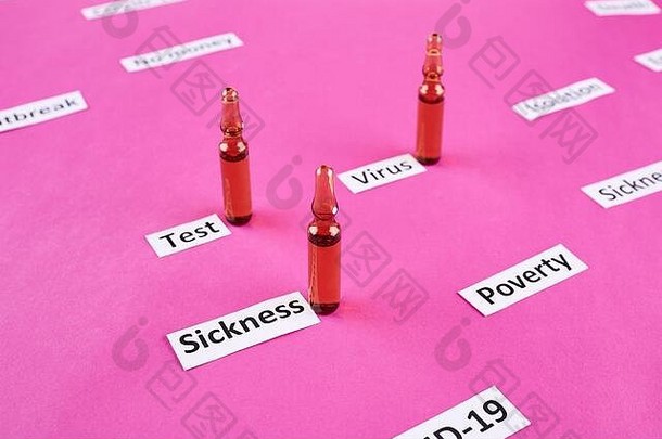 灯泡医学冠状病毒流感大流行标题剪裁单词粉红色的背景