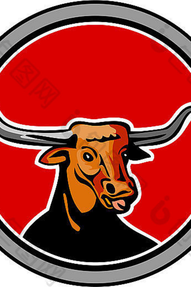 德克萨斯长角红牛头舌的插图，以复古风格制作，置于孤立背景的内圆上。