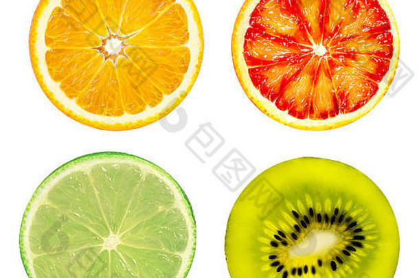 孤立的柑橘类水果。橙色、葡萄柚、酸橙和猕猴桃在白色背景上分离