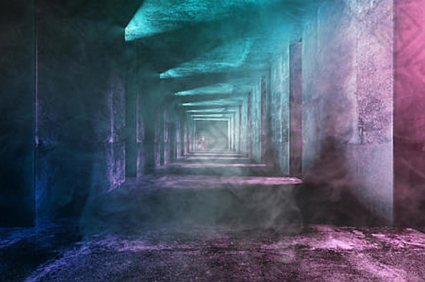 抽象Long Grunge混凝土科幻现代黑暗空隧道，烟雾和紫蓝色Led霓虹灯反射背景3D效果图