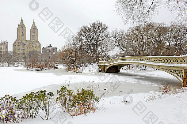 暴风雪后的弓桥，位于纽约市曼哈顿中央公园
