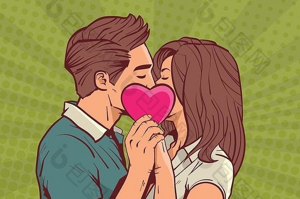 年轻的夫妇接吻hollding粉红色的心男人。女人爱漫画流行艺术风格情人节一天庆祝活动概念