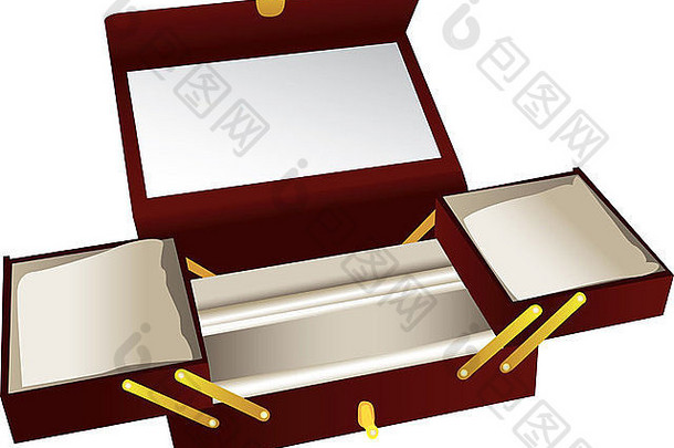 打开带插图的木制珠宝盒，展示白色背景下隔离的不同抽屉。