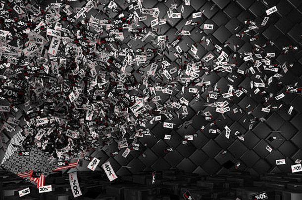 数千张10%至80%折扣的白、黑、红三角形状的优惠券，从格子地板上的礼盒中取出，然后放在墙上