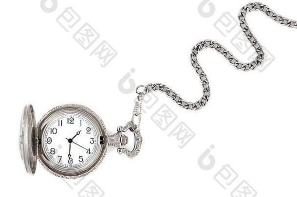 白色背景上有一条孤立的链子的古董手表
