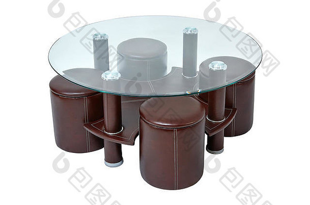奢侈品咖啡表格凳子轮玻璃棕色（的）皮革咖啡表格凳子孤立的白色背景剪裁路径包括