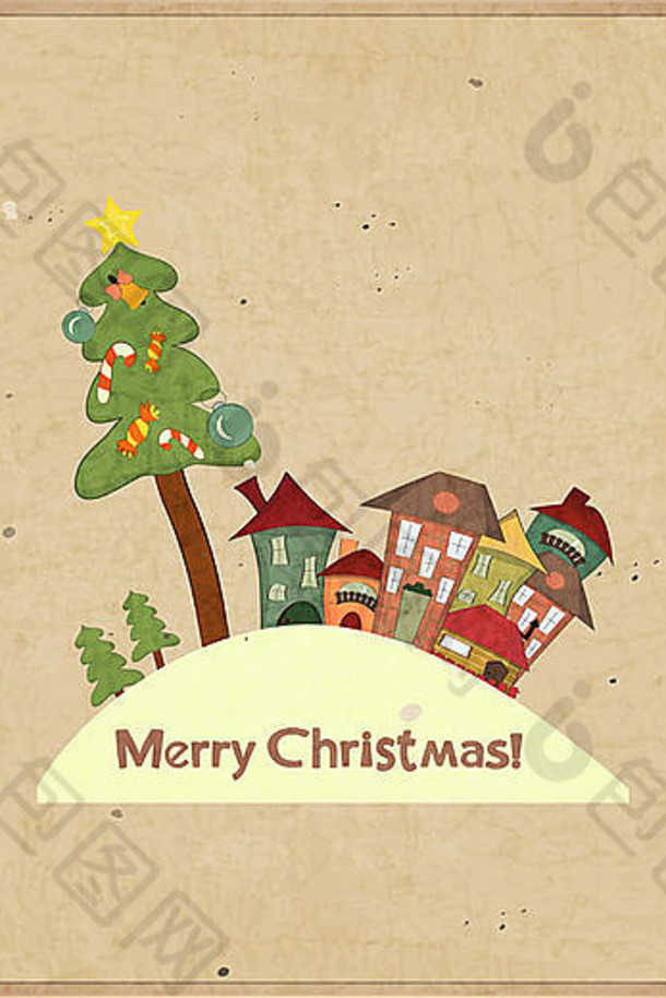 带有房屋和文字的圣诞复古卡圣诞快乐，复古风格明信片-插图