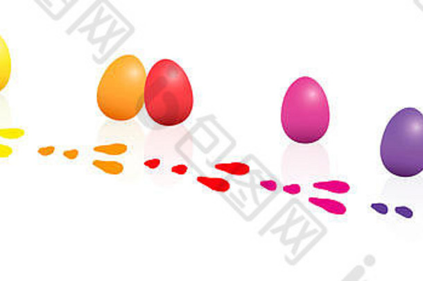 复活节兔子脚印和一些丢失的复活节彩蛋，颜色与脚印相同-白色背景上的水平插图。