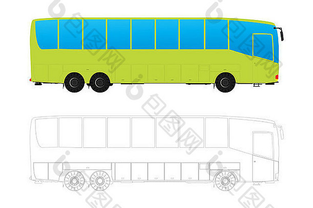 详细的之旅公共汽车颜色概述了白色背景