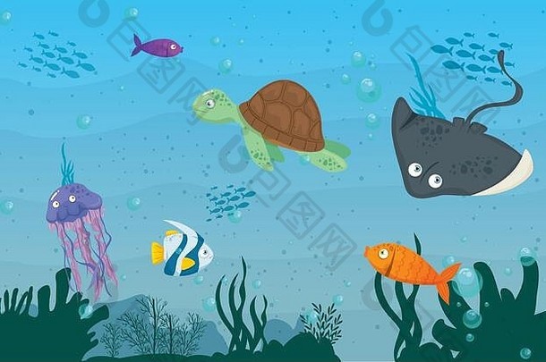 海洋中的黄貂鱼动物，有可爱的水下生物，栖息于海洋