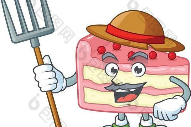 吉祥物设计风格农民草莓片蛋糕他干草叉