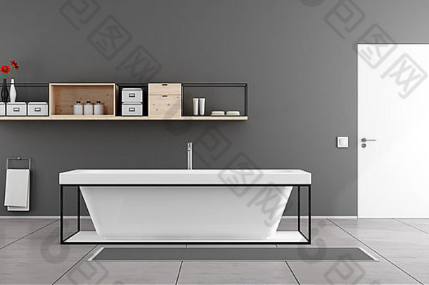 白色灰色的极简主义浴室浴缸餐具柜墙关闭通过呈现
