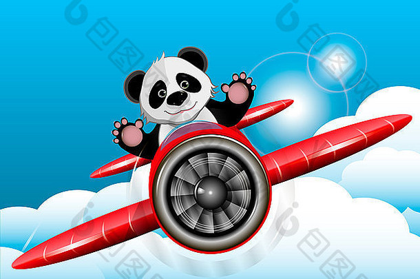 插图：快乐的小熊猫在飞机上