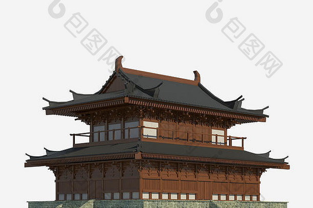 白色背景上隔离的日本建筑3d插图