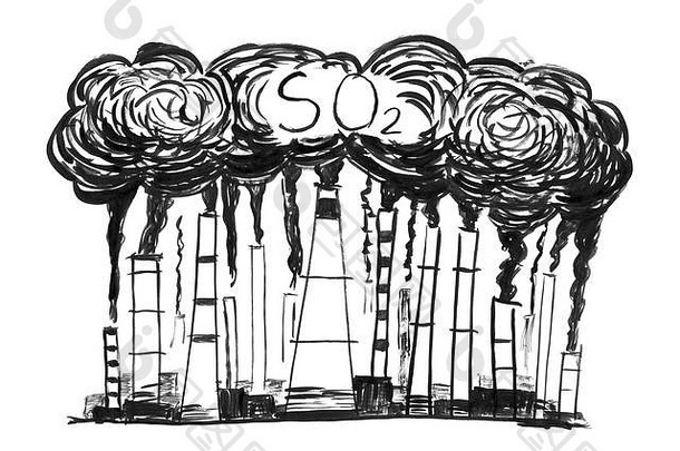 黑墨水污迹斑斑的吸烟烟囱手绘，工业或工厂SO2空气污染的概念