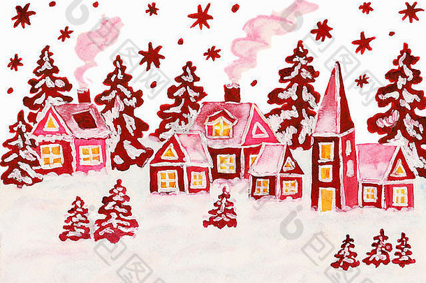 手绘圣诞画、冬季风景画、树莓粉色（深红色）房屋、水粉画和水彩。