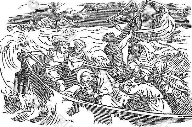 《圣经》中耶稣睡梦故事的复古绘画或雕刻，唤醒并平息了湖面上的风暴。圣经，新约，路加福音8。德国格什奇特图书馆，1859年。