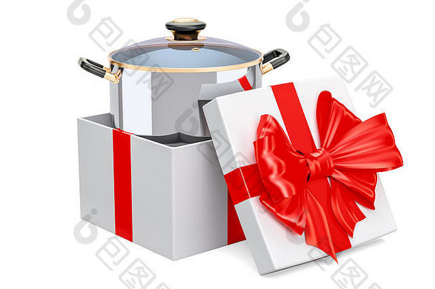 烹饪不锈钢锅内礼品盒，礼品概念。隔离在白色背景上的三维渲染
