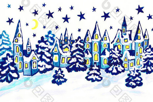 冬天景观房子绿松石颜色手画圣诞节一年插图水彩画大小原始