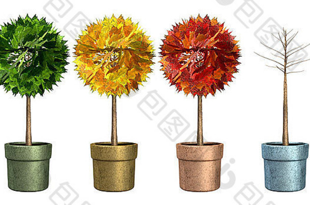在一个孤立的背景上，四棵风格化的圆形树木在粘土花盆中，颜色代表四季