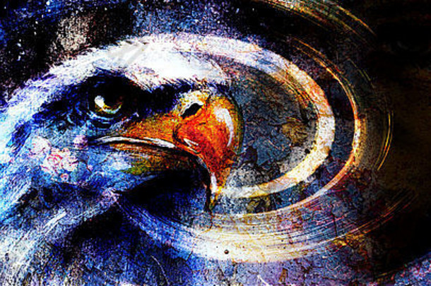 在抽象的背景上画鹰，以裂纹结构象征自由。