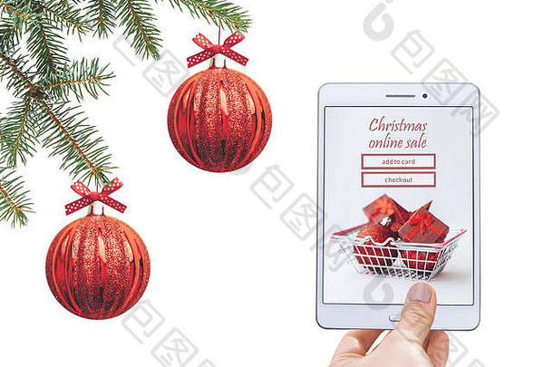 圣诞节网上销售。用于在白色背景上在线购买礼物的平板电脑。