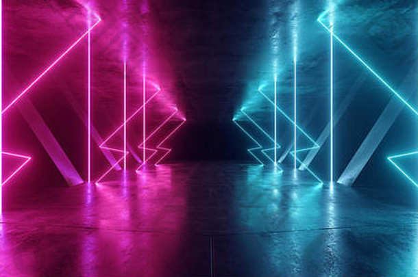 霓虹灯发光的阶段未来主义的sci黑暗灯紫色的蓝色的未来主义的三角形列混凝土难看的东西空宇宙飞船隧道房间虚拟网络这些
