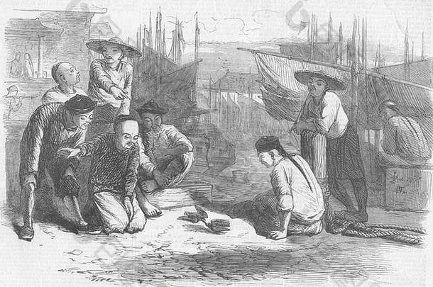 1857年广州船夫与鹌鹑搏斗的肖像。插图时代