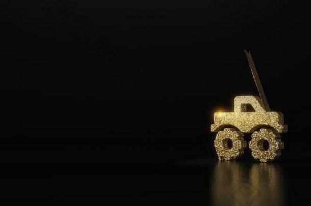 怪物卡车的金色闪光符号，在黑色背景上进行3D渲染，模糊反射，闪烁