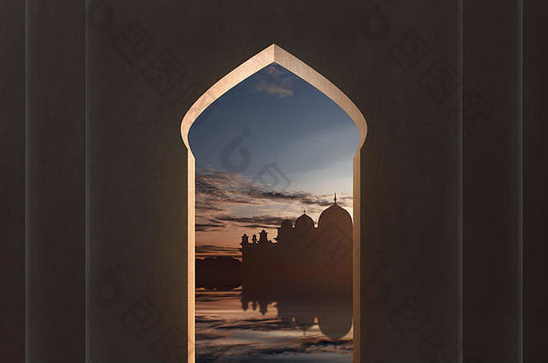 视图清真寺轮廓窗口黄昏背景
