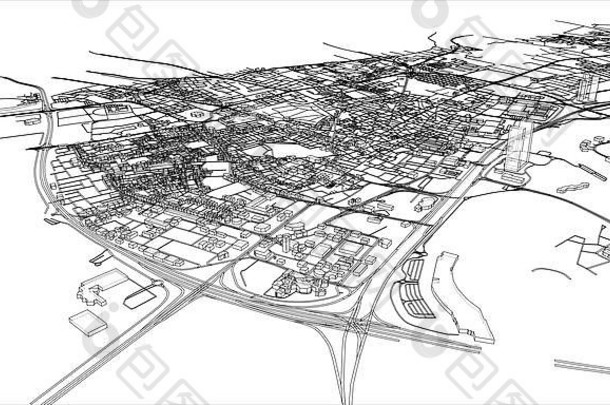 概述城市概念。线框样式