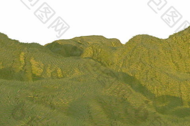 绿色的草山被温暖的阳光照亮，白色背景从无人机或飞机俯视。文本的空间。三维插图渲染