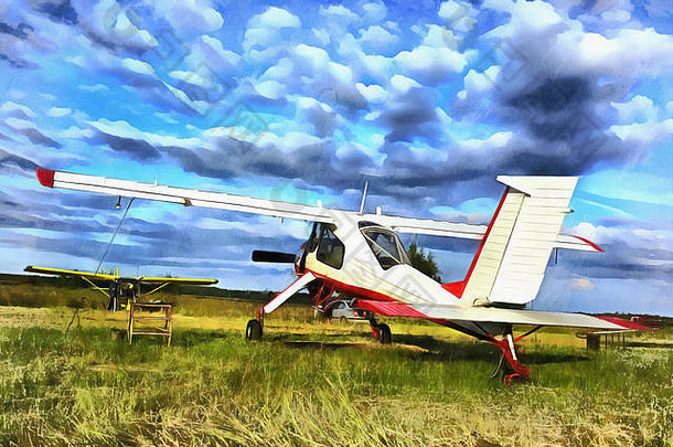 色彩斑斓的绘画光飞机飞机停草机场