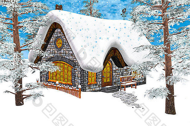 冬季森林雪地下的圣诞小屋的3D数字渲染，蓝天背景，绘画效果