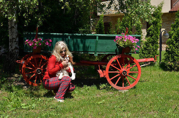 金发女郎女人持有狗花园前面老式的木绿色车红色的轮子
