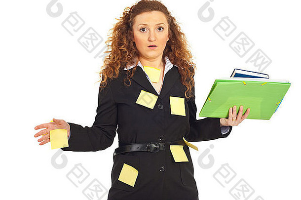 忙强调业务女人提醒笔记西装持有文件夹孤立的白色背景