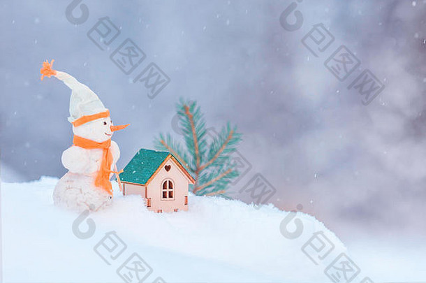 сhristmas安装复制空间雪花有趣的玩具雪人胡萝卜橙色围巾小木玩具房子绿色分支