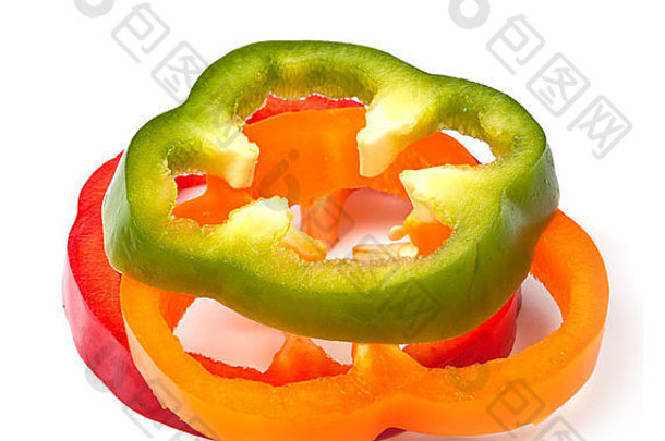 橙色绿色红色的胡椒片白色背景影子
