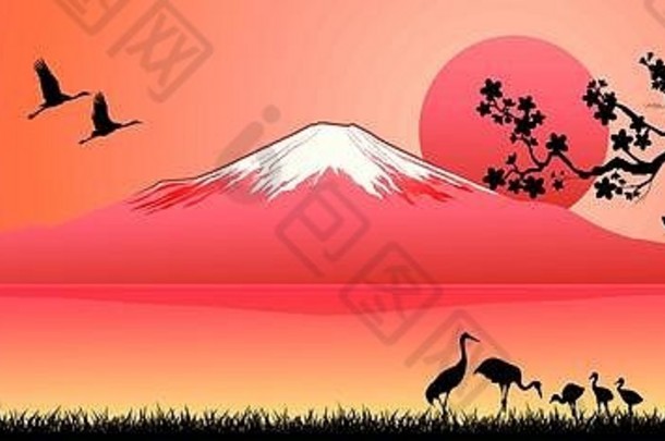 日落时富士山的剪影。风景，富士山。粉红色背景上的富士山。