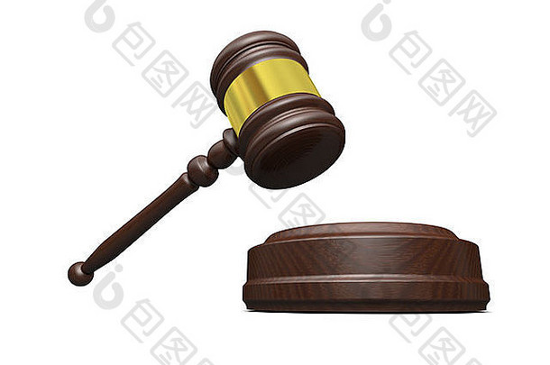 白色背景上的木槌，法律和正义的象征