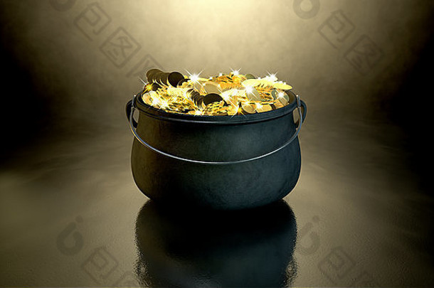 一个铸铁罐，装满金币和神奇的火花，背景是阴暗诡异的聚光灯