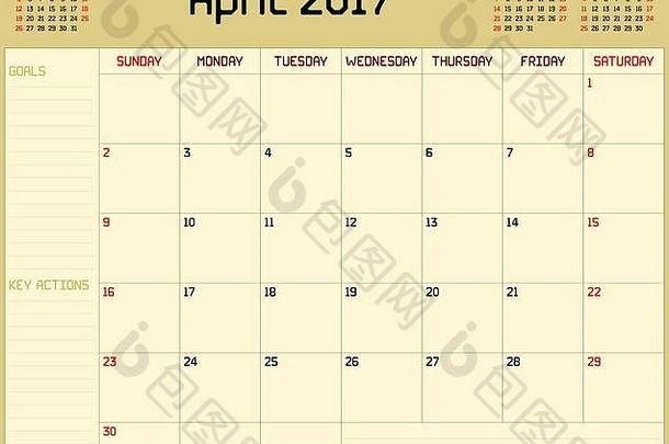 黄色背景的2017年4月月度计划日历。使用自定义的直线粗字体。