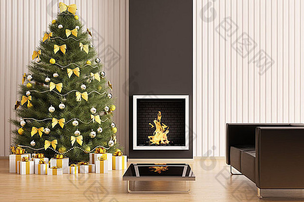 现代室内的圣诞枞树，带壁炉内部3d渲染