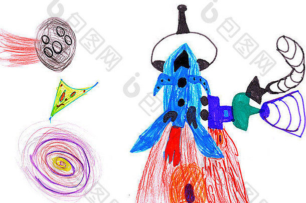 太空火箭。儿童纸上绘画