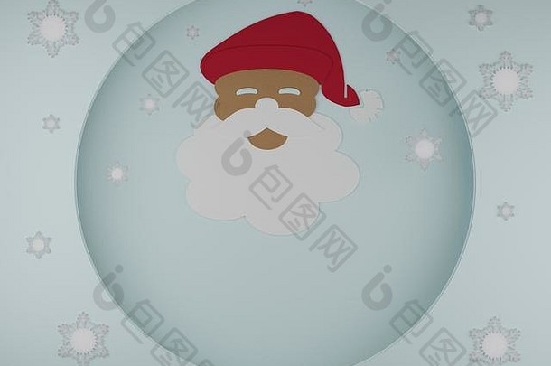 纸艺术插图圣诞老人老人雪花冬天蓝色的背景平铺极简主义概念