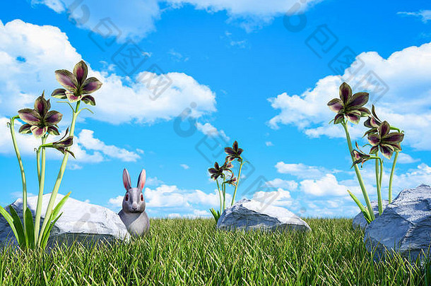 野花绿草草地，云蓝天野兔，3D渲染