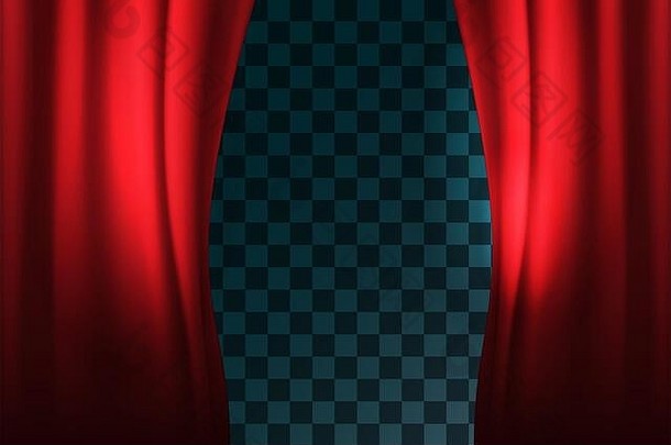 剧院或电影院里的红色窗帘。在透明的背景元素上打开真的舞台窗帘，为您的文字布置室内装饰